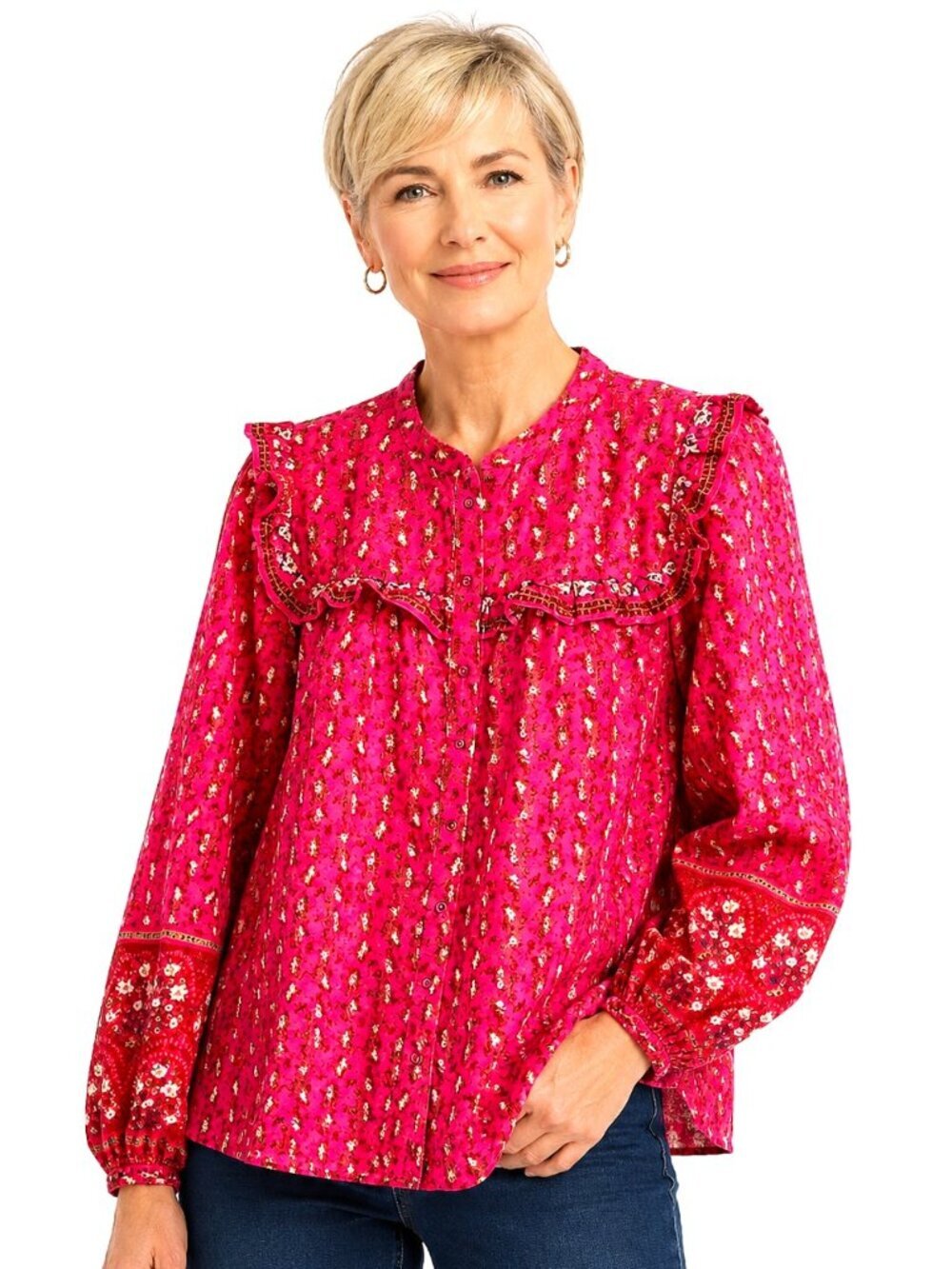Joie Magenta Pink Cotton Ruffled Peasant Tunic Top
